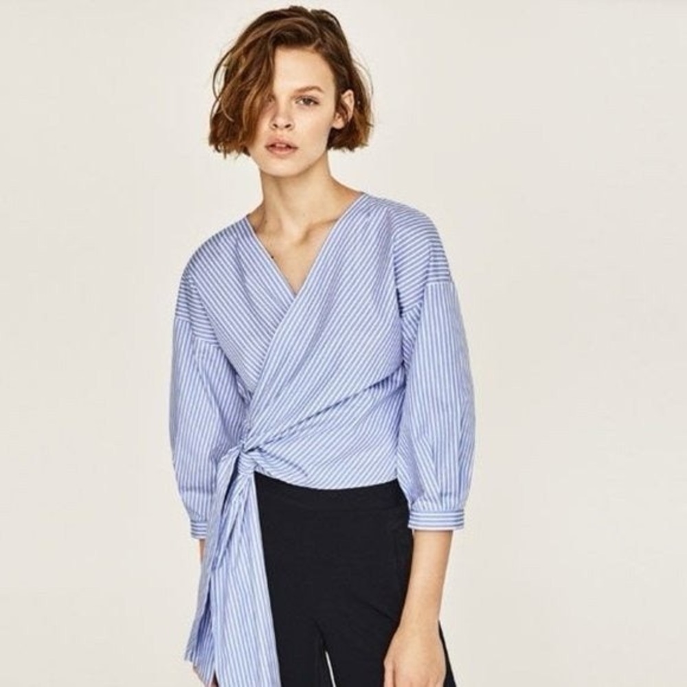 Zara Basic Collection wrap shirt. Blue & white stripes balloon sleeve Size Small